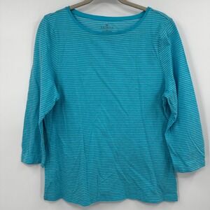 Talbots Blue Turquoise Striped 3/4 Sleeve Cotton Top Women's XL Boatneck Casual